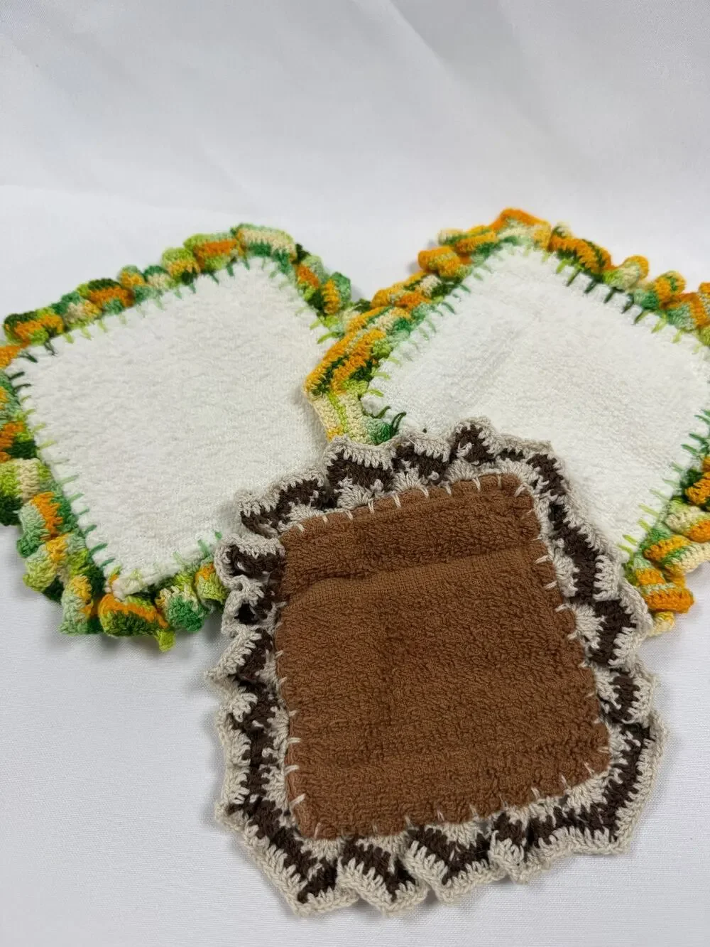 Handmade Crochet Trim Terry Cloth Washcloth Set Farmhouse Kitchen Retro 7x7